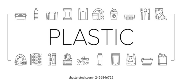 Plastic Accessories And Utensil Icons Set Vector. Plastic Food Container And Tableware, Shampoo Bottle And Canister, Used Polyethylene Bag And Pouch, Spoon And Fork Black Contour Illustrations