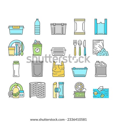 Plastic Accessories And Utensil Icons Set Vector. Plastic Food Container And Tableware, Shampoo Bottle And Canister, Used Polyethylene Bag And Pouch, Spoon And Fork Color Illustrations