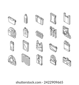 Plastic Accessories And Utensil isometric icons set. Plastic Food Container And Tableware, Shampoo Bottle And Canister, Used Polyethylene Bag And Pouch, Spoon And Fork Color