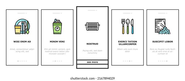 Plastic Accessories And Utensil Onboarding Mobile App Page Screen Vector. Plastic Food Container And Tableware, Shampoo Bottle And Canister, Used Polyethylene Bag And Pouch, Spoon Fork Illustrations