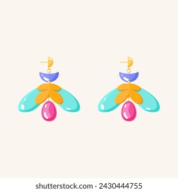Pendiente de plástico acrílico aislado sobre fondo beige. Accesorios coloridos femeninos de moda lindos. Estética Y2K. Dibujos animados, ilustración vectorial de estilo plano