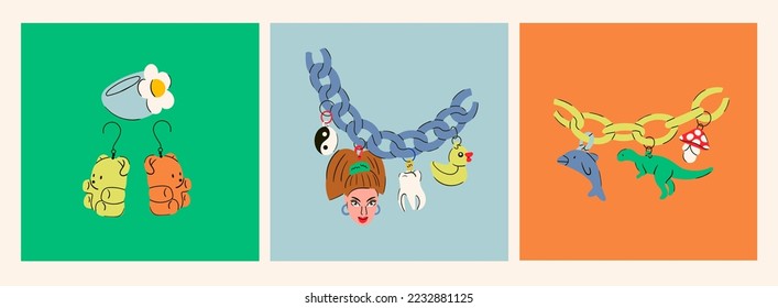 Plastic acrylic fake jewelry. Camomile ring, bear shaped earrings. Necklace chains with various pendants: doll's head, tooth, duck, mushroom, dinosaur, dolphin. Hand drawn Vector illustrations