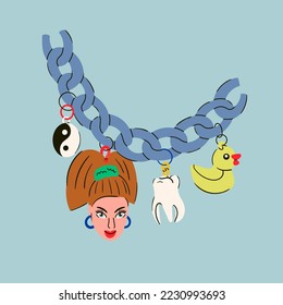 Plastic acrylic fake jewelry. Fashion colorful necklace chain with various pendants: yin and yang, doll's head, tooth, duck. Hand drawn isolated Vector illustration. Print, design template