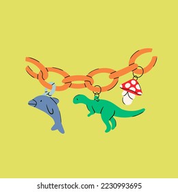 Plastic acrylic fake jewelry. Fashion colorful necklace chain with various pendants: mushroom, dinosaur, dolphin. Hand drawn isolated Vector illustration. Print, design template