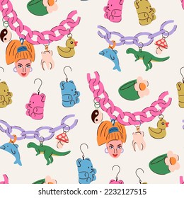 Plastic acrylic fake jewelry. Fashion colorful ring, earrings, necklace chain with various pendants: doll's head, tooth, duck, bear, mushroom, dinosaur, dolphin. Hand drawn Vector seamless Pattern