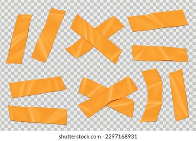 Conjunto de colores de cinta adhesiva plástica de imágenes realistas con piezas de cinta naranja sobre ilustración vectorial de fondo transparente