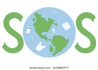 Plastic all around the world. Planet needs help. Conceptual art illustration of plastic pollution in the oceans. World Water Day 2020.