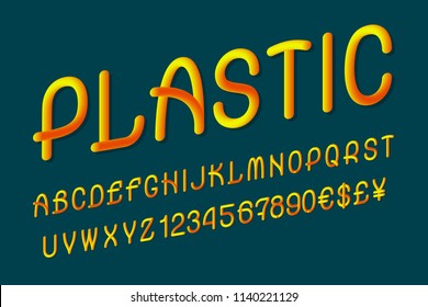 Plastic alphabet with numbers and currency signs in cool dynamic style.