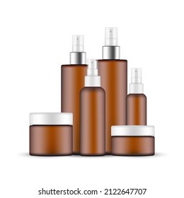 Plastic Amber Cosmetic Packaging Mockup: Jar, Small and Big Spray Bottles with Metal Cap. Vector illustration