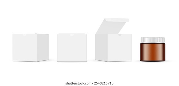 Plastic Amber Jar With Square Boxes, Opened And Closed Lid, Isolated On White Background. Vector Illustration