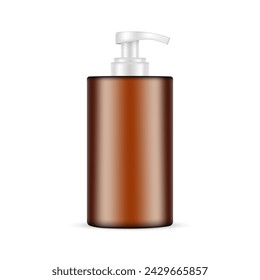 Plastic Amber Pump Bottle Mockup For Liquid Soap Or Shampoo, Isolated On White Background. Vector Illustration