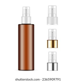 Plastic Amber Spray Bottle Mockup With Different Caps, Isolated On White Background. Vector Illustration