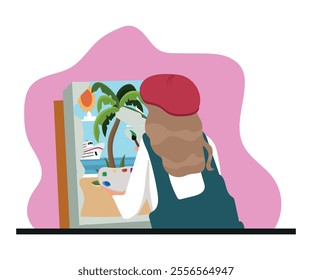 plastic artist painting a picture of a beach landscape, woman with her back painting. vector illustration.