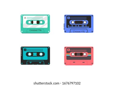 Plastic audio cassettes, vintage media devices, music recording isolated icons. Set of vintage music retro cassette on white background. Vector illustration, EPS 10. 