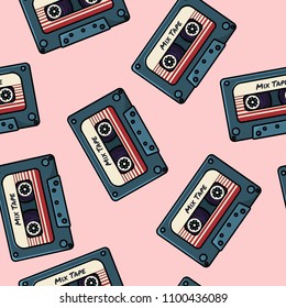 Plastic Audio Compact Cassette Tape Seamless Pattern. Old-fashioned Analogue Mix Tapes. Vector Illustration Background Texture Wallpaper Tile