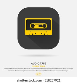 Plastic audio compact cassette tape - web icon. yellow color music tape. old technology concept, retro style, flat and shadow theme design, vector art image illustration, isolated on black background