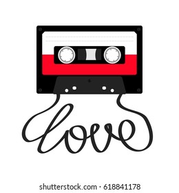 Cinta de audio de plástico con cinta de amor. Icono de música retro. Elemento de grabación. 80 años 90. Plantilla de color rojo. Diseño plano. Fondo blanco. Aislado. Ilustración del vector