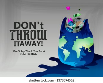 Plastic Awareness, globe character holding plastic bag. Say no to plastic bag.