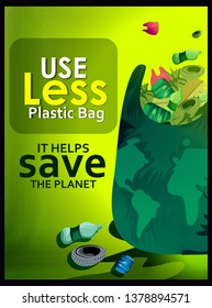 Plastic Awareness, globe character holding plastic bag. Say no to plastic bag.