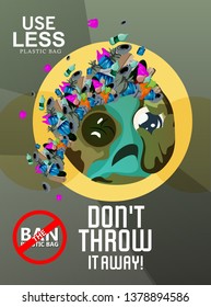 Plastic Awareness, globe character holding plastic bag. Say no to plastic bag.