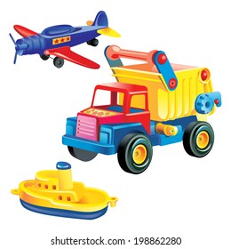 Plastic baby toys: plane, truck and boat.