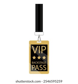 Plastic badge, card VIP pass with black ribbon isolated on white background. Vector