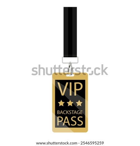 Plastic badge, card VIP pass with black ribbon isolated on white background. Vector