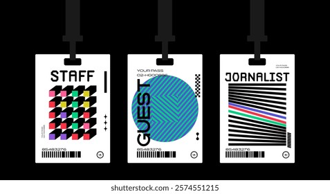 Plastic badges id card badges in a bauhaus style. Journalist, guest, staff. Identification cards on a string, entrance ticket, pass.	
