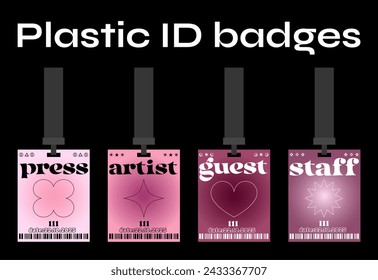 Plastic badges id card badges in a futuristic style. Press, guest, staff. Identification cards on a string, entrance ticket, pass	
