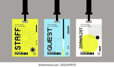 Plastic badges id card badges in a futuristic style. Journalist, guest, staff. Identification cards on a string, entrance ticket, pass