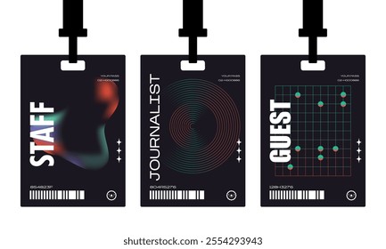 Plastic badges id card badges in a futuristic style. Journalist, guest, staff. Identification cards on a string, entrance ticket, pass