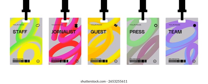 Plastic badges id card badges in a futuristic style. Journalist, guest, staff. Identification cards on a string, entrance ticket, pass	
