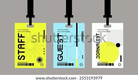 Plastic badges id card badges in a futuristic style. Journalist, guest, staff. Identification cards on a string, entrance ticket, pass