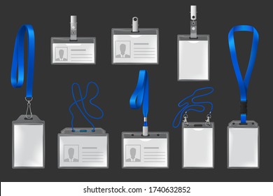 Plastic badges on lanyards and holders realistic, 3d vector set. Isolated id passes on blue cords with metal clips. Plastic badges for presentation or pass conference visitors, press and media access