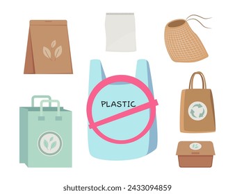 Plastic bag in ban circle. Vector illustration. Different eco-friendly bags and packages. Plastic-free, recycling concept