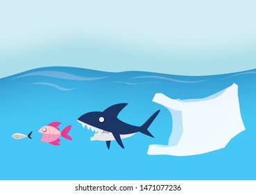 Plastic bag become to top predator in ocean ecosystem. Pollution concept illustration.