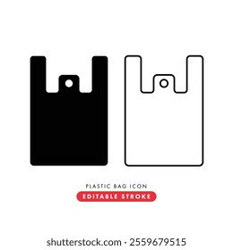 Plastic bag black and white flat icon with editable stroke