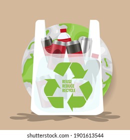 a plastic bag with plastic bottles and cans. Ecology conversation. Vector illustration.