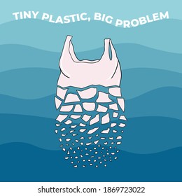 The plastic bag breaks up into small pieces. Microplastics in water from mismanaged plastic waste. Marine and ocean plastic pollution. Global environmental problems. Hand drawn vector illustration.