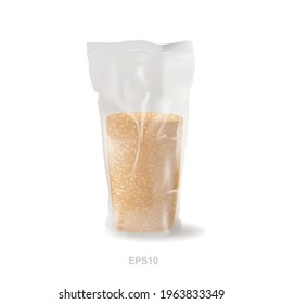 Plastic bag with brown sugar vector illustration. Raw unrefined cane sugar sand in plastic packaging side view