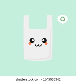 Plastic bag cartoon character vector stickers. Ecologic sticker with plastic pack. Prohibited plastic trash. Proper utilization of non-biodegradable waste. Environmental icon. Sustainable development