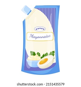 Plastic bag with classic mayonnaise and on the label with eggs and parsley green . A pack of barbecue sauce, picnic, apps, games, banner, advertising, fast food restaurant.