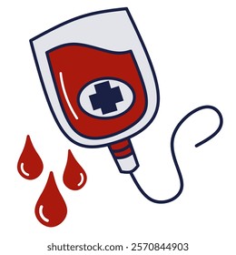 Plastic bag containing blood transfusion with red blood drops.