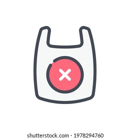 Plastic bag with cross in circle color line icon. Shopping bag cancelation vector outline colorful sign.