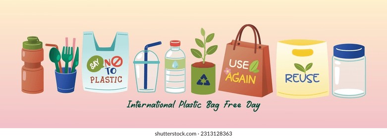 Plastic Bag,, Cup, Spoon, Fork, Straw, Paper Bag, Glass Jar, Reusable Bag, Tumbler, Bottle, Banner, Poster, Single Use, Vector, Illustration