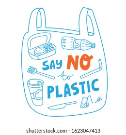 Plastic bag with disposable dishes, plastic cup and bottle. Zero waste lettering card. Flat vector illustration. Ecology concept.