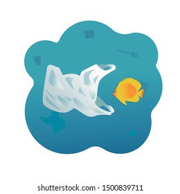 Plastic bag eats live fish. Ocean pollution, underwater waste. Global environmental problem. Vector illustration.