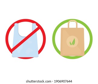 Plastic bag and eco bag in flat style isolated on white background. Pollution problem concept. Care Environment. Vector illustration.Eps 10