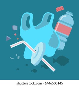 Plastic bag floating adrift in the sea, along with small pieces of micro plastics and other debris polluting the aquatic environment. Vector flat illustration.