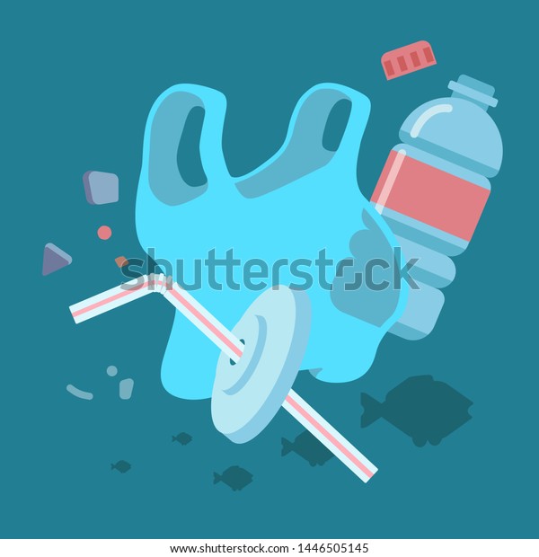 Plastic bag floating adrift in the\
sea, along with small pieces of micro plastics and other debris\
polluting the aquatic environment. Vector flat\
illustration.
